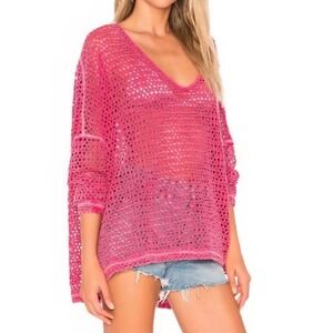 Free People We The Free Pink Crochet Knit V-Neck Oversized Sweater M Napa Tee